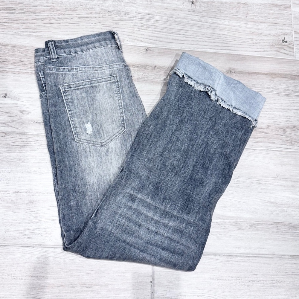 Womens Stretchy Stylish Gray Denim Jeans. Crossover button fly.